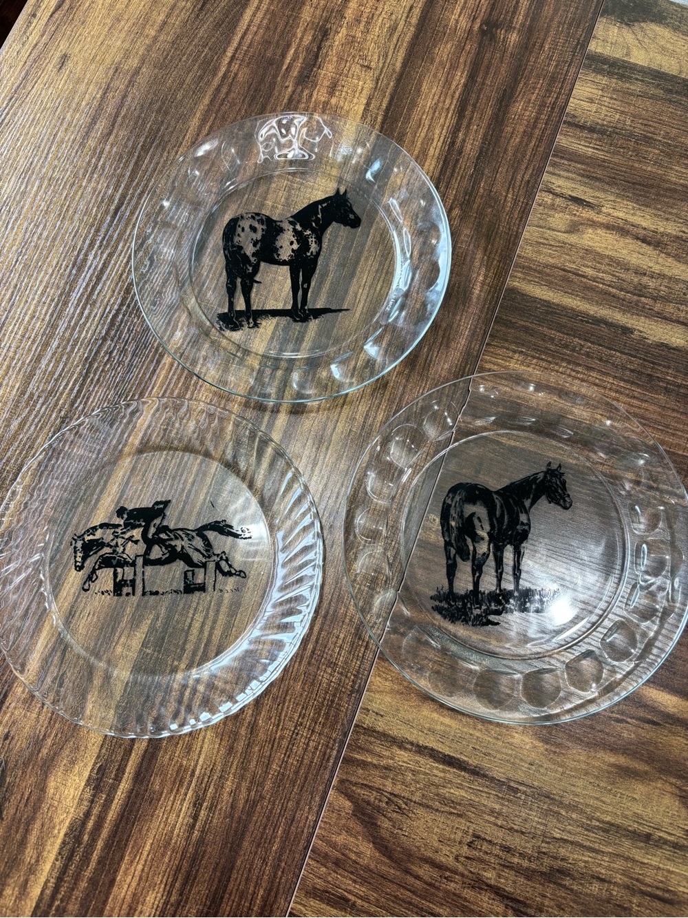 Vintage Arcoroc France Equestrian Horse 9” Glass Plates Set of 3